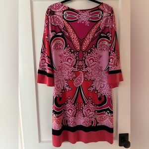 MSK Coral Pink Black Paisley 3/4 Bell Sleeves Vintage Retro Dress Size Lg